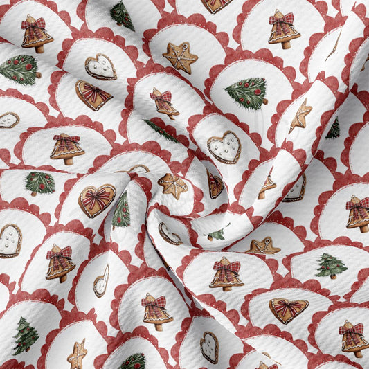 The image is a close-up of a fabric with a repeating pattern of Christmas-themed decorations, including gingerbread men, Christmas trees, and other festive elements.
