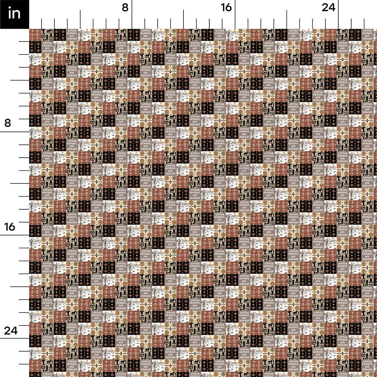 a repeating pattern of various shades of brown and beige squares, arranged in a grid-like fashion. The pattern appears to be a fabric or textile design, with the squares varying in size and color. The image does not contain any text or additional objects, and the overall composition is simple and minimalistic.