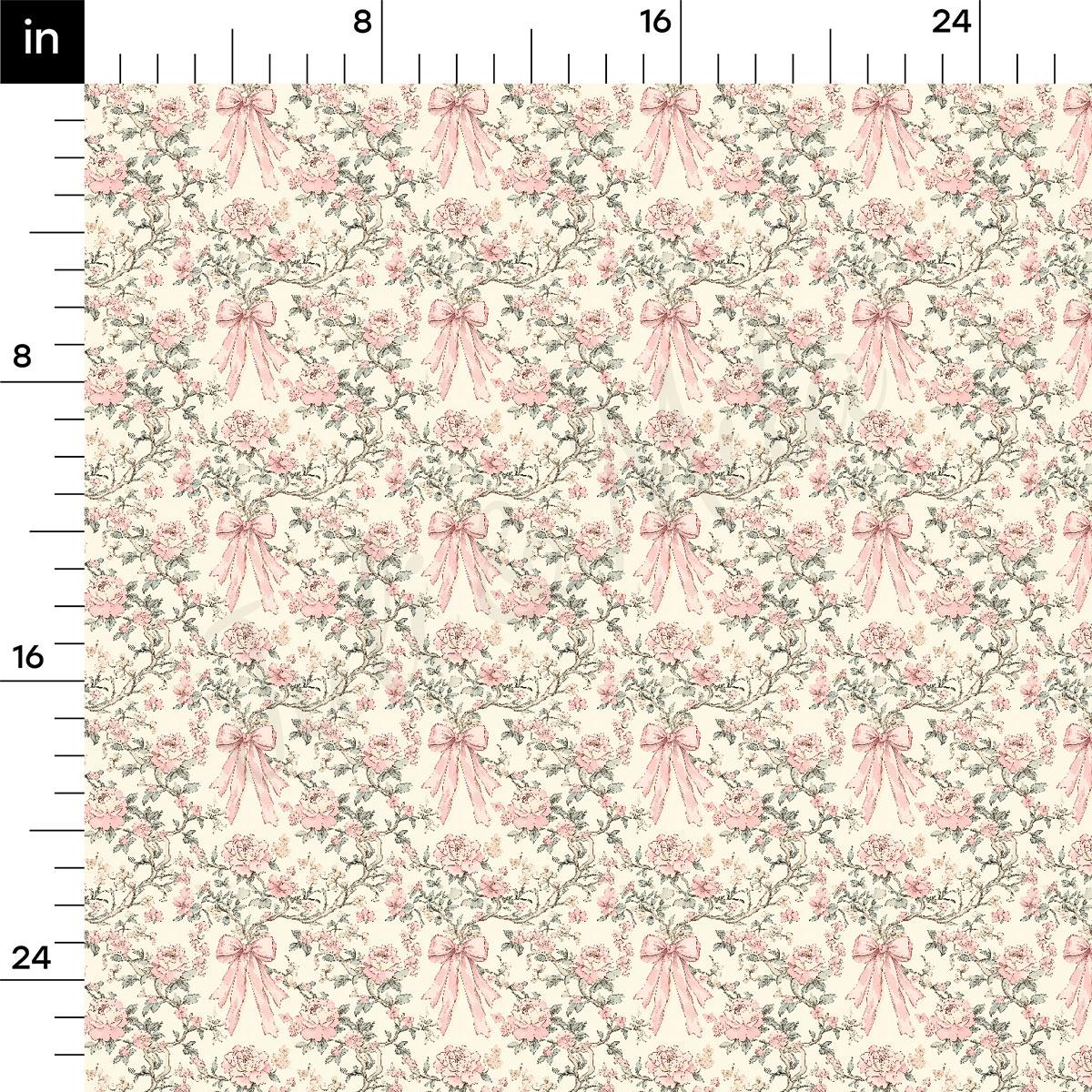 a repeating pattern of pink flowers with bows on a light beige background.