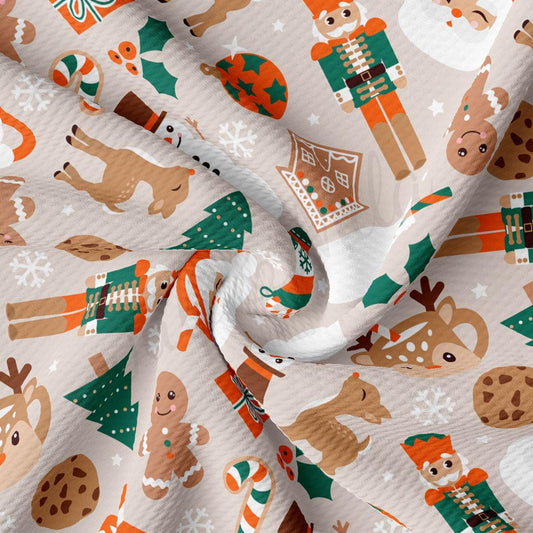 The image is a close-up of a fabric with a repeating pattern of various Christmas-themed illustrations, including a nutcracker, reindeer, snowman, gingerbread man, and other festive elements.