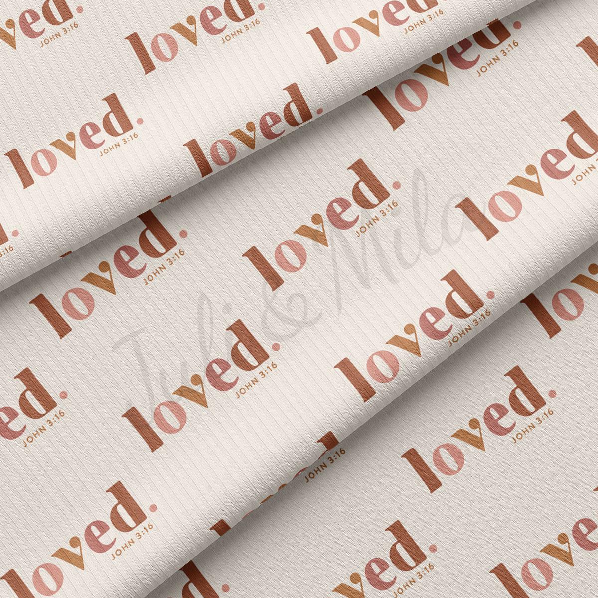 a repeating pattern of the word "loved" in a brown color, with the text "loved." and "John 3:16" visible in the pattern.