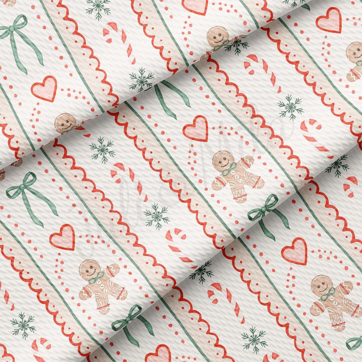 a repeating pattern of Christmas-themed elements, including gingerbread men, hearts, snowflakes, and candy canes. The pattern is composed of diagonal lines and curves, creating a festive and whimsical design.