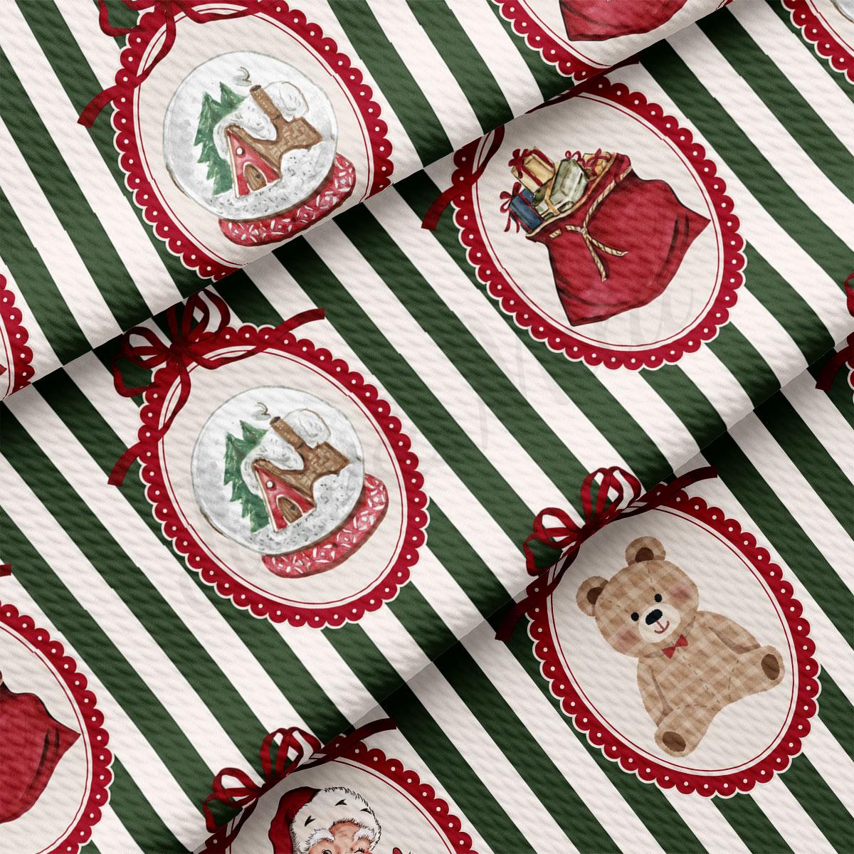 The image is a collage of Christmas-themed images, including a Santa Claus figure, a Christmas tree, a gift bag, and a teddy bear. The images are framed by red and green stripes and are arranged in a repeating pattern.
