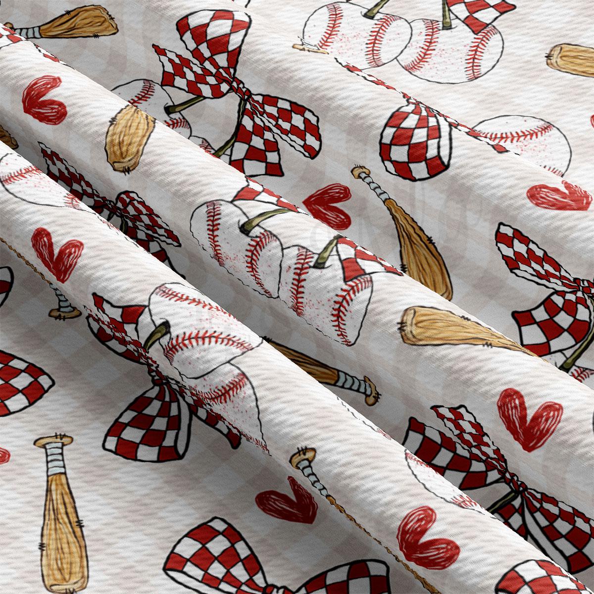 a close-up view of a fabric with a repeating pattern of baseballs, bats, and checkered flags.