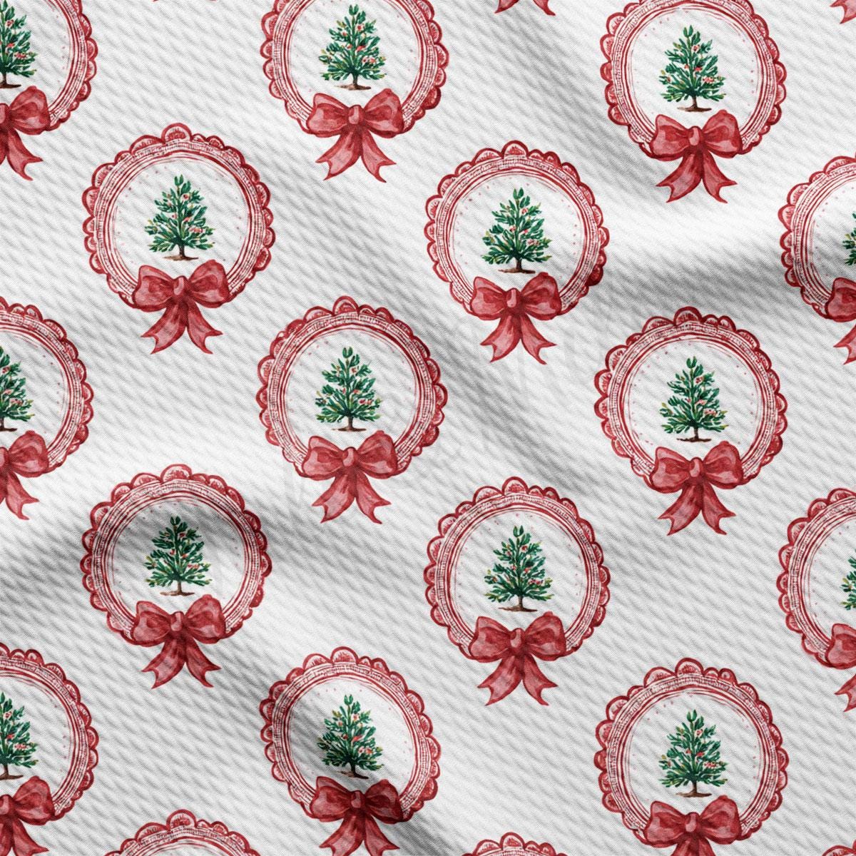 a repeating pattern of Christmas tree wreaths with red bows on a white background.