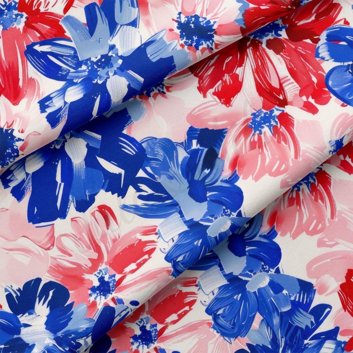a red, white and blue floral print fabric