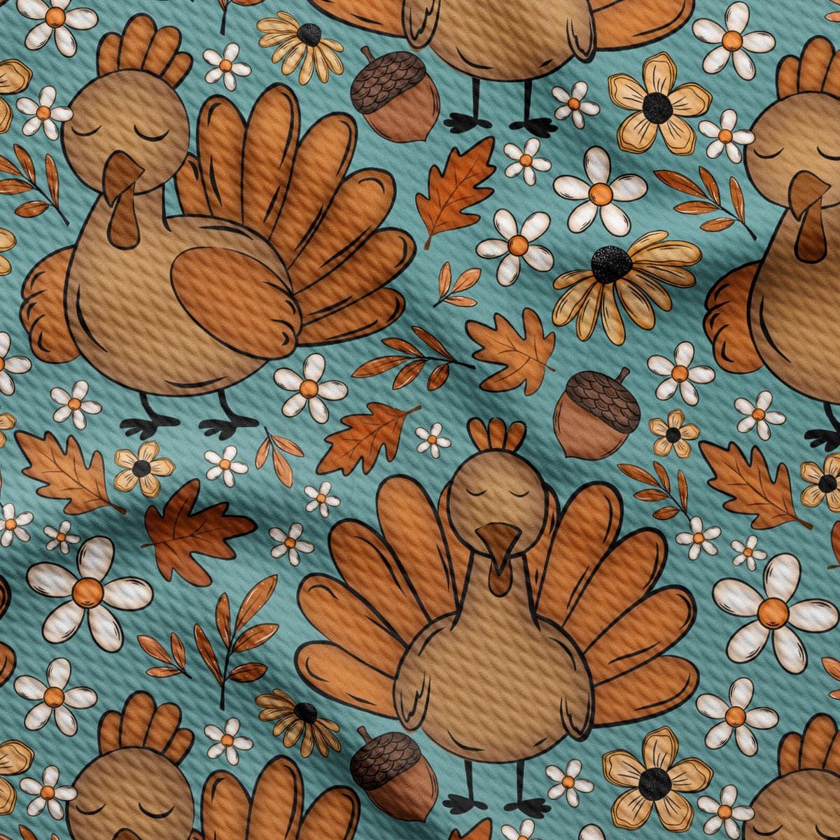 a repeating pattern of turkeys, flowers, and leaves on a blue background.