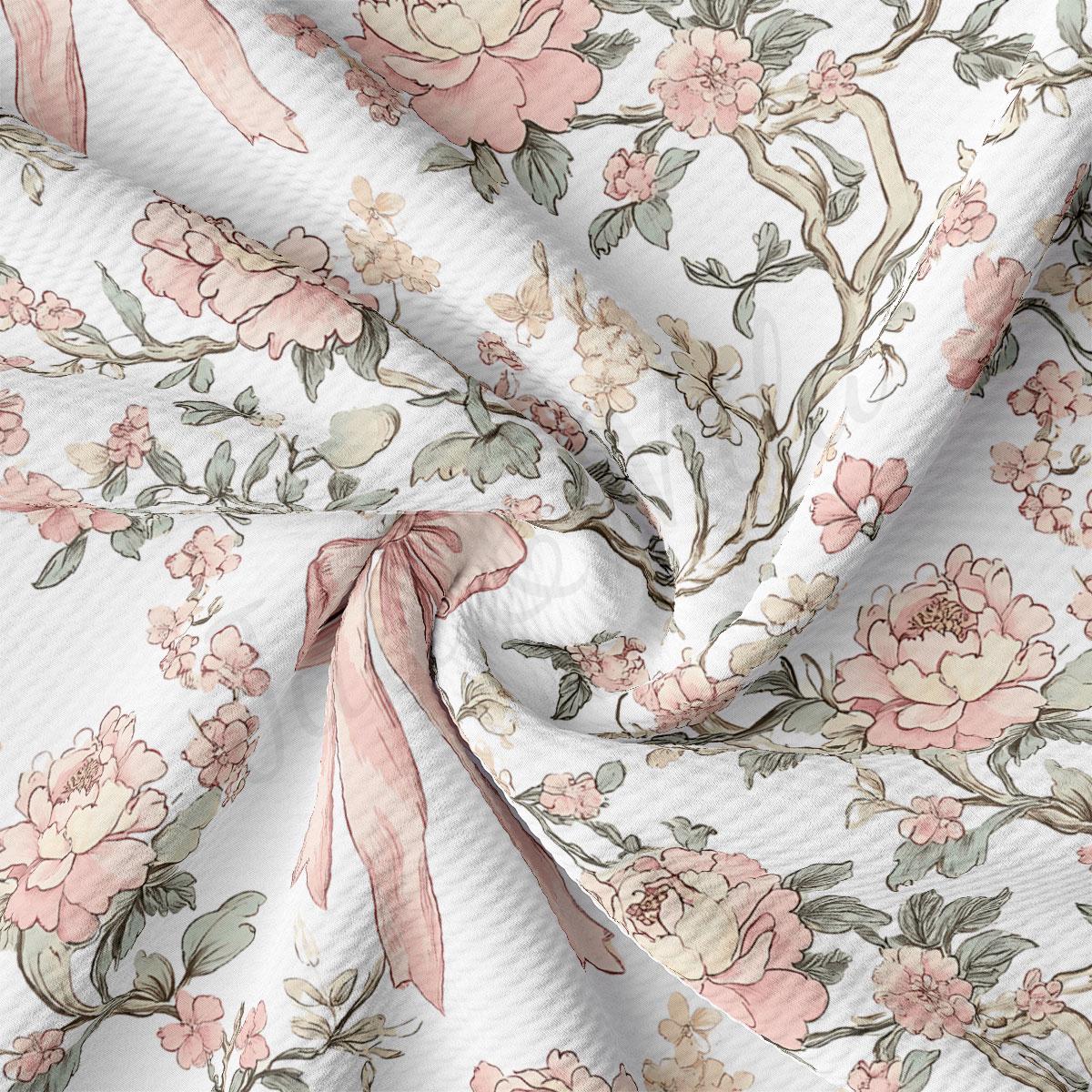 a close-up view of a fabric with a floral pattern, including pink and white flowers, leaves, and branches. The fabric appears to be made of a soft, textured material, possibly cotton or linen. The pattern is intricate and detailed, with the flowers and leaves arranged in a way that creates a visually appealing and harmonious design.