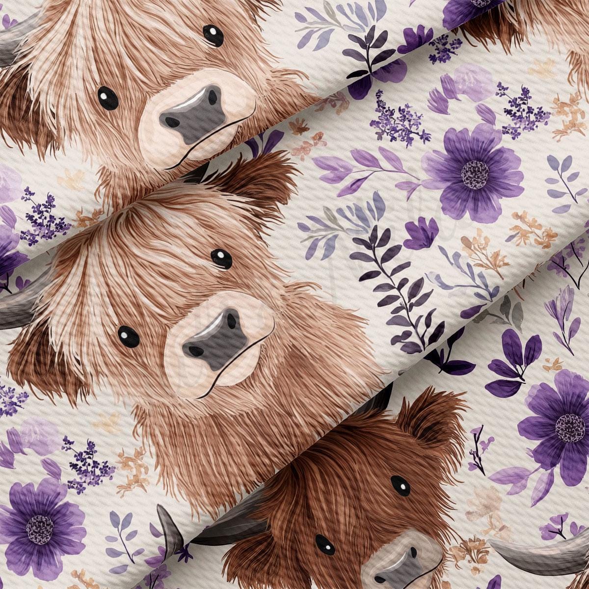 a close-up view of two brown, furry animals with large eyes, likely bison or yaks, against a background with purple flowers and leaves.