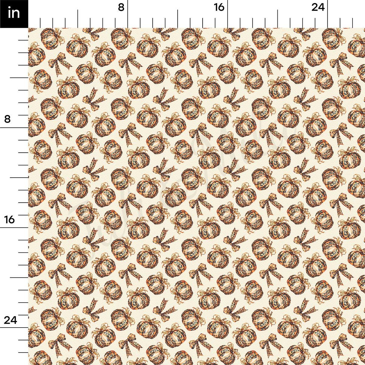 a repeating pattern of brown and orange pumpkins and bows on a beige background.