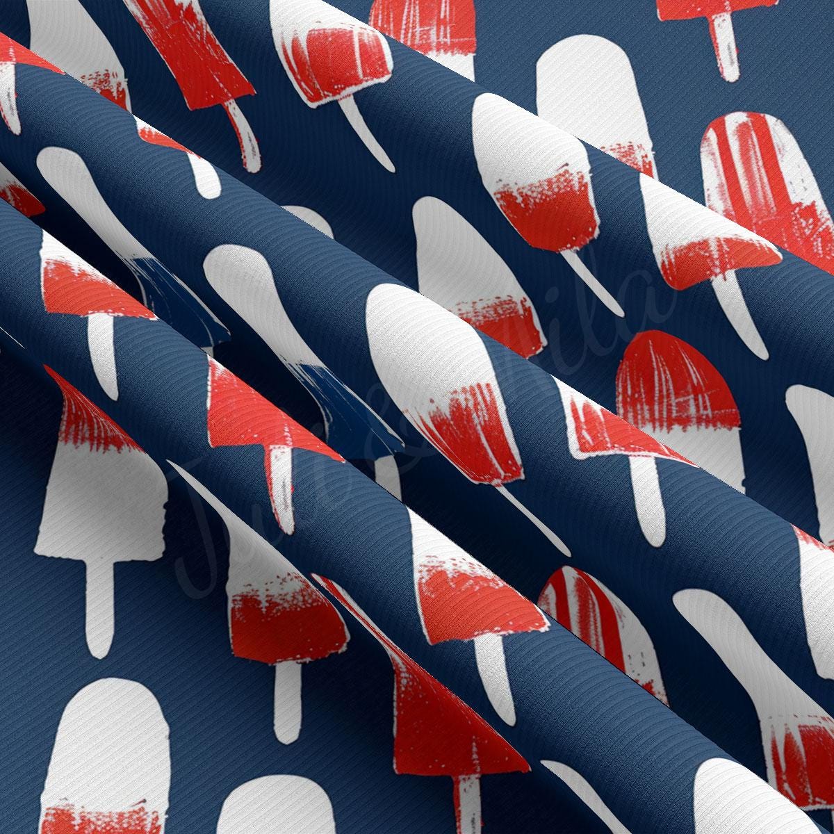 a blue background with red and white shapes