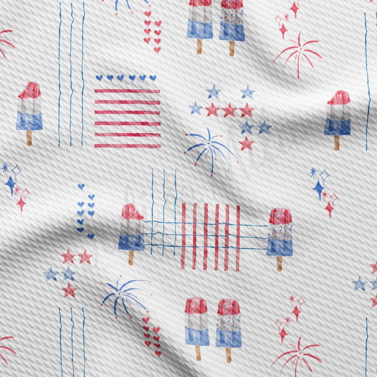 a white background with red, white, and blue fireworks