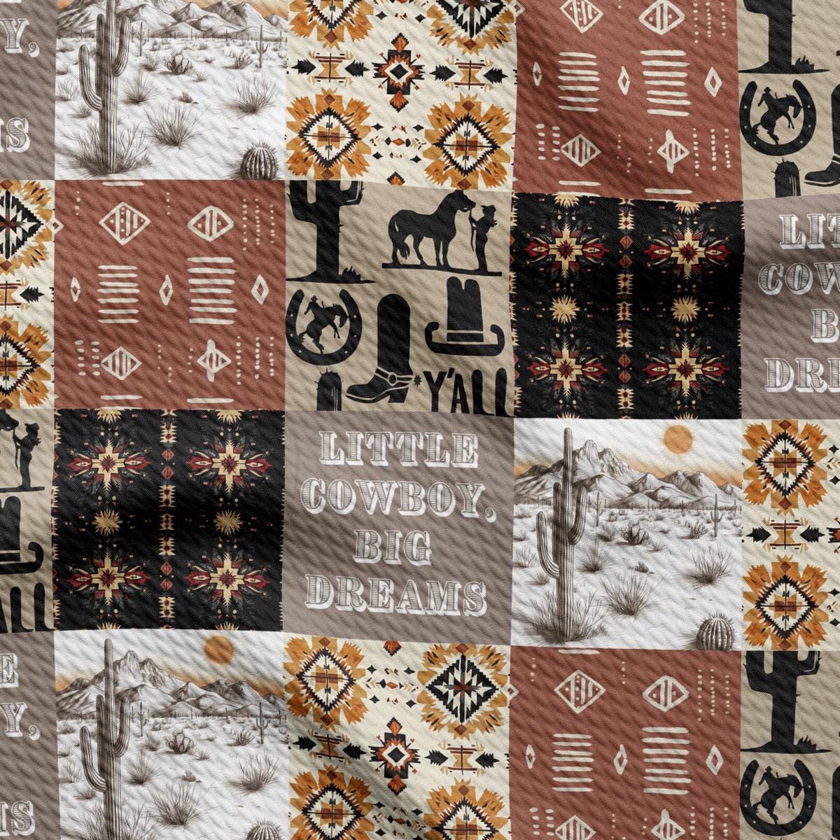 The image is a collage of various cowboy-themed patterns and designs, including silhouettes of horses, cacti, and other desert elements. The collage features a mix of warm and cool colors, with a focus on earthy tones and bold contrasts. The text &quot;Little Cowboy Big Dreams&quot; is prominently displayed in the center of the collage, serving as a central theme throughout the composition.