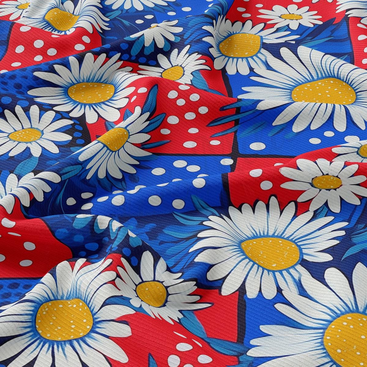 a red, white, and blue fabric with flowers on it