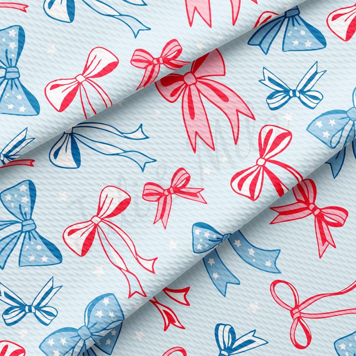 a blue background with red, white and blue bows
