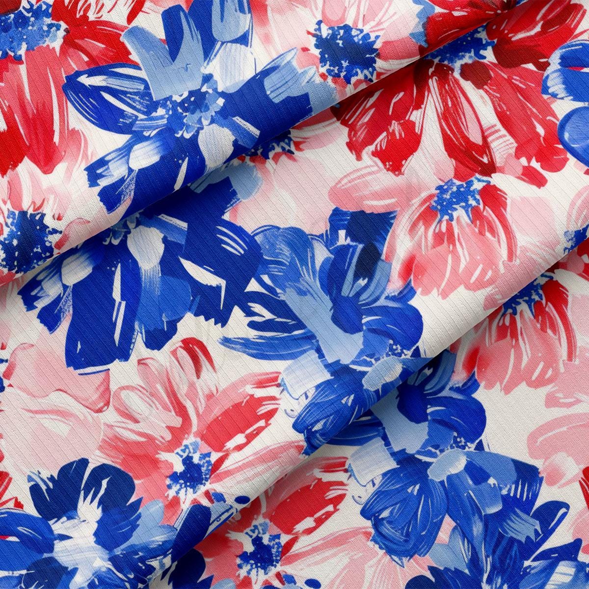 a red, white and blue floral print fabric