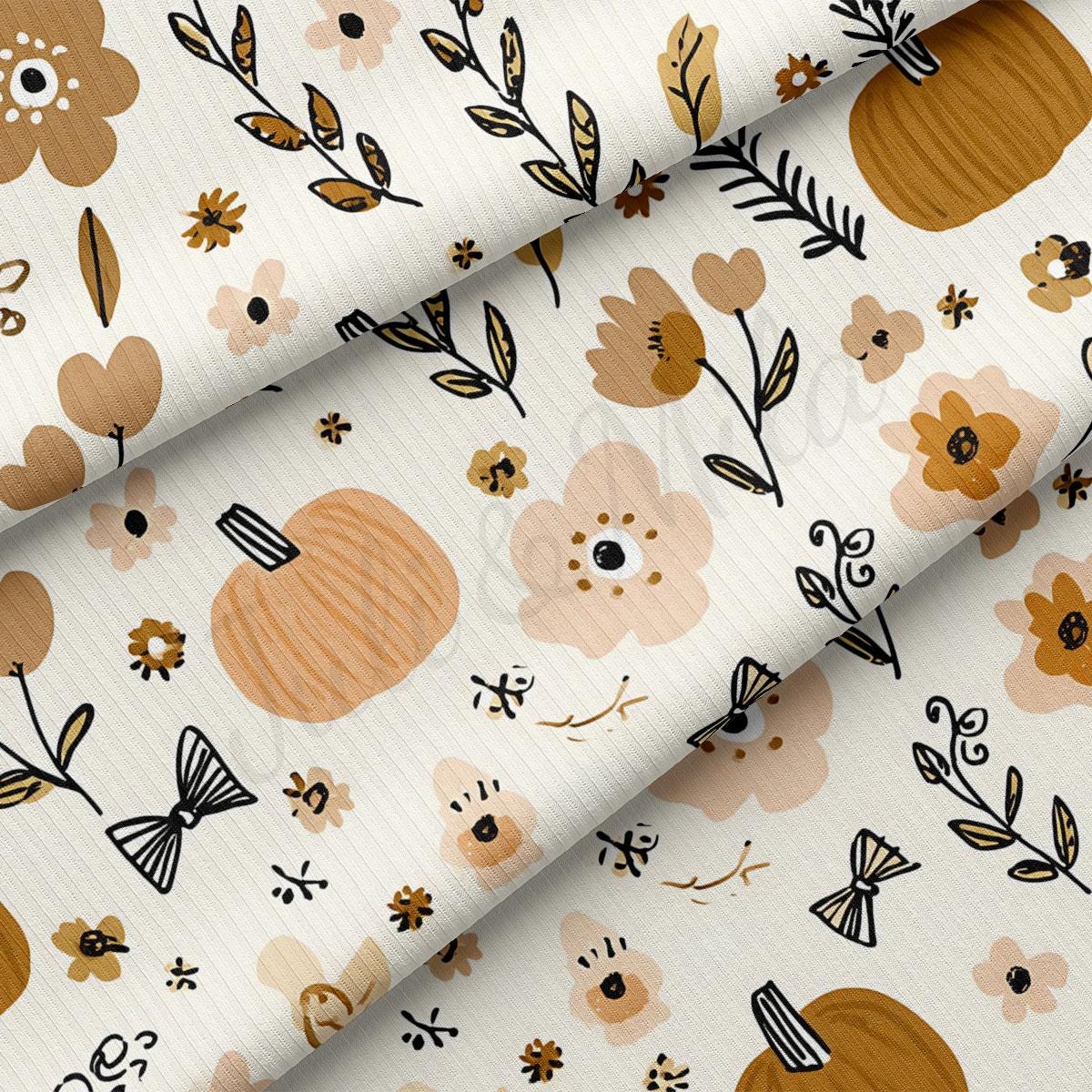 The image is a close-up view of a fabric with a repeating pattern of autumn-themed elements, including pumpkins, leaves, flowers, and other fall-colored designs.