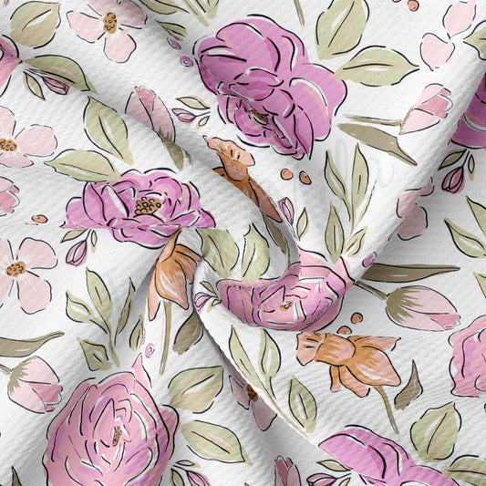 a white background with pink flowers and green leaves