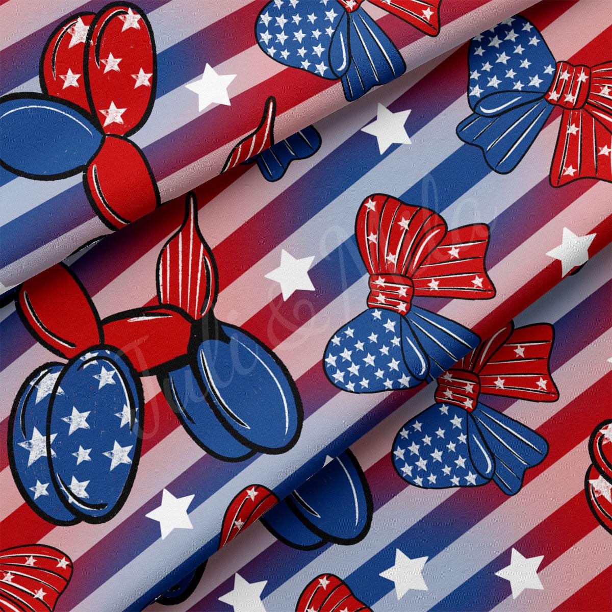 a red, white, and blue pattern of bows and stars