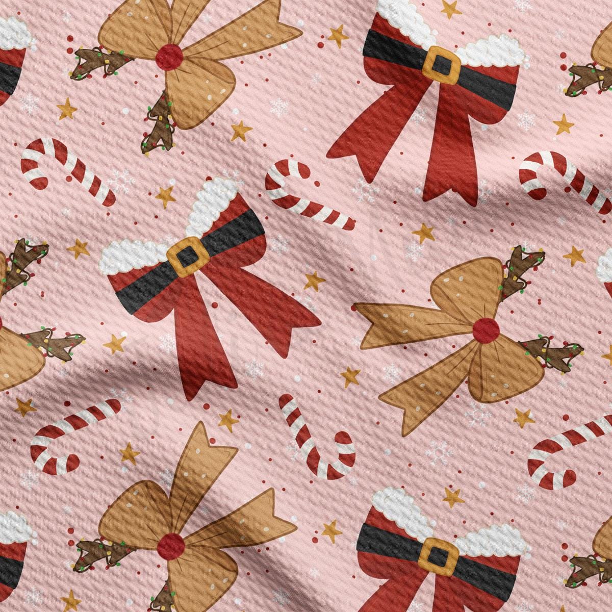 a repeating pattern of Christmas-themed elements, including bows, candy canes, and stars, all set against a pink background.