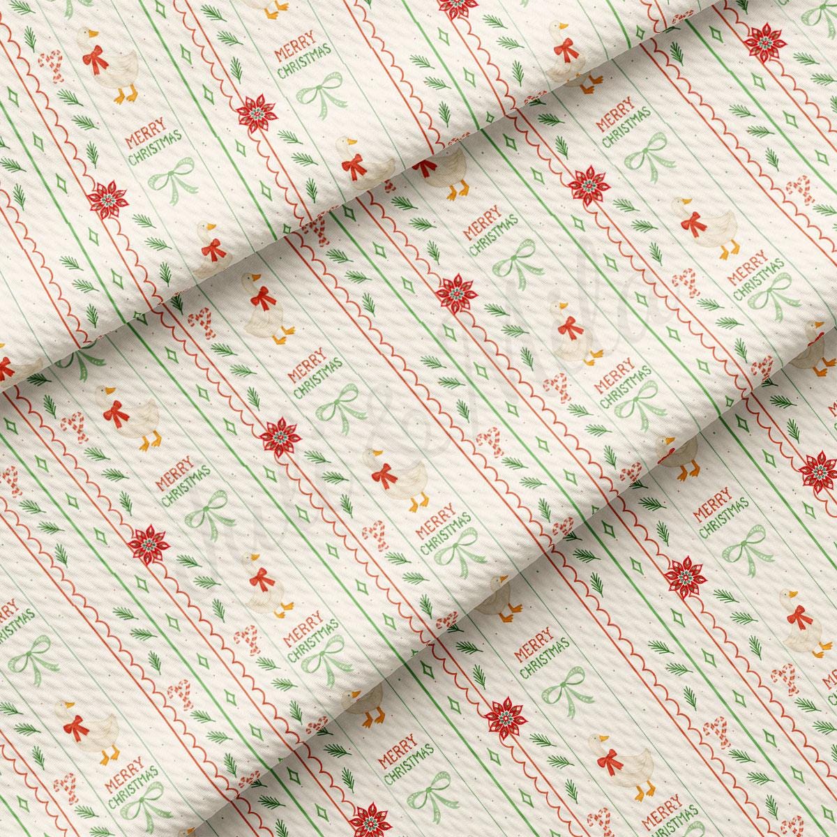 The image is a repeating pattern of a Christmas-themed fabric with a white background and red and green stripes. The pattern features various Christmas-related elements such as flowers, bows, and the text "Merry Christmas" in different colors.