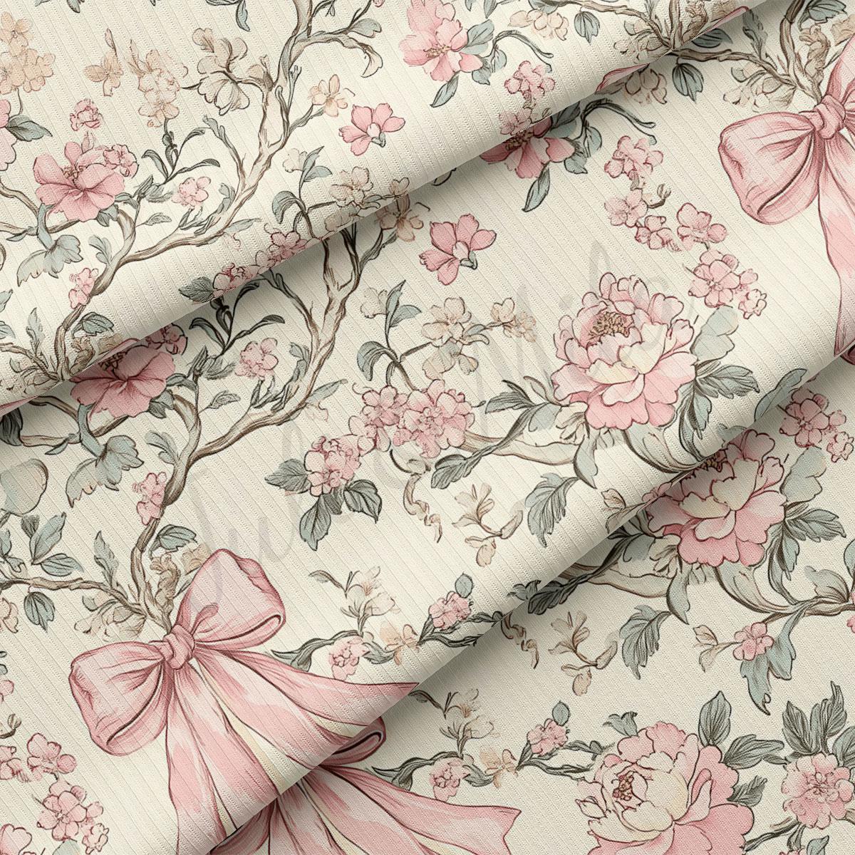 a close-up view of a fabric with a floral pattern, including pink flowers and leaves. The fabric appears to be folded or rolled, revealing the intricate design and texture of the floral pattern.