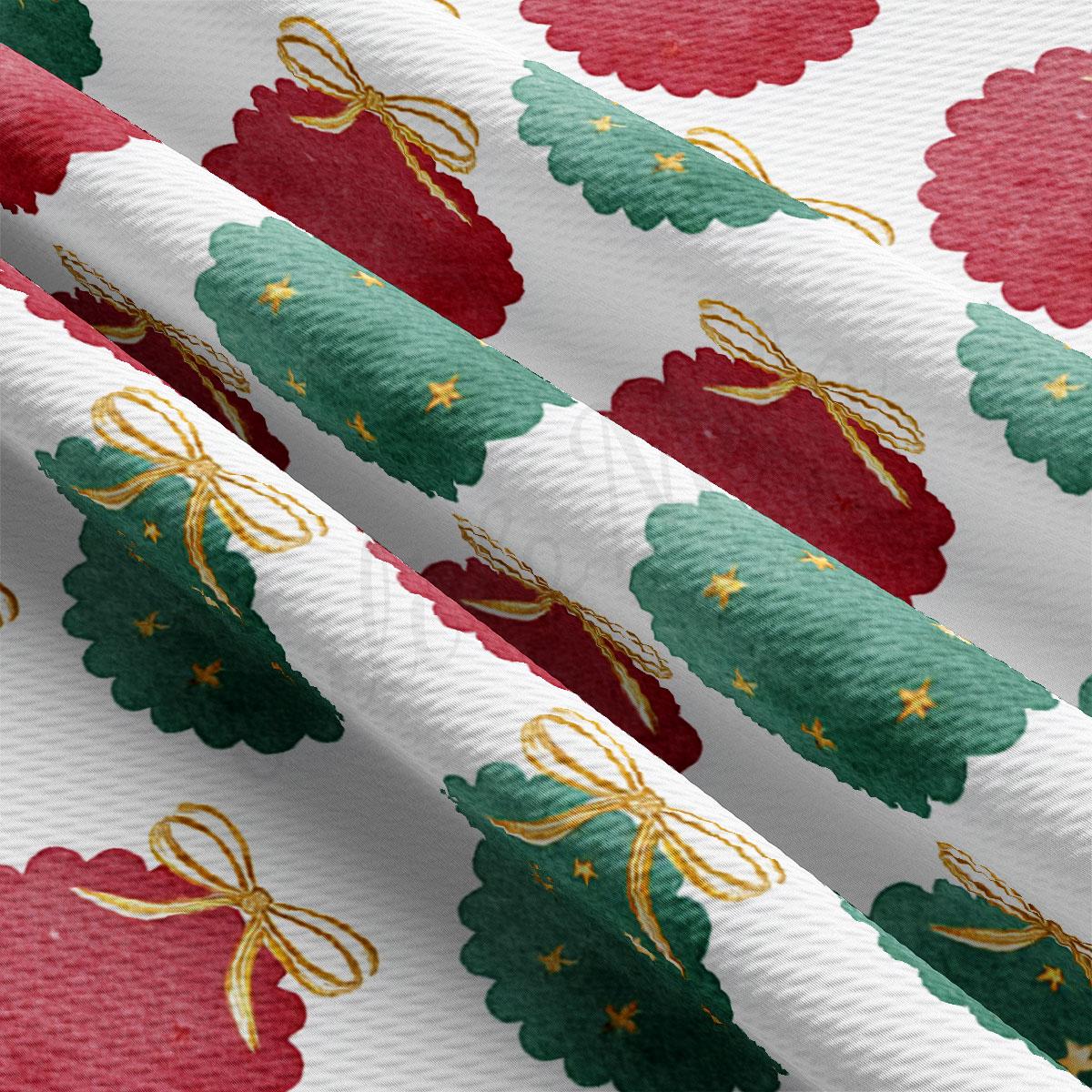 a close-up view of a fabric with a repeating pattern of Christmas-themed designs, including red and green Christmas trees, bows, and stars.