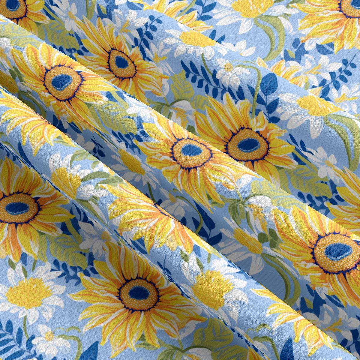 a close up of a sunflower pattern on a blue background