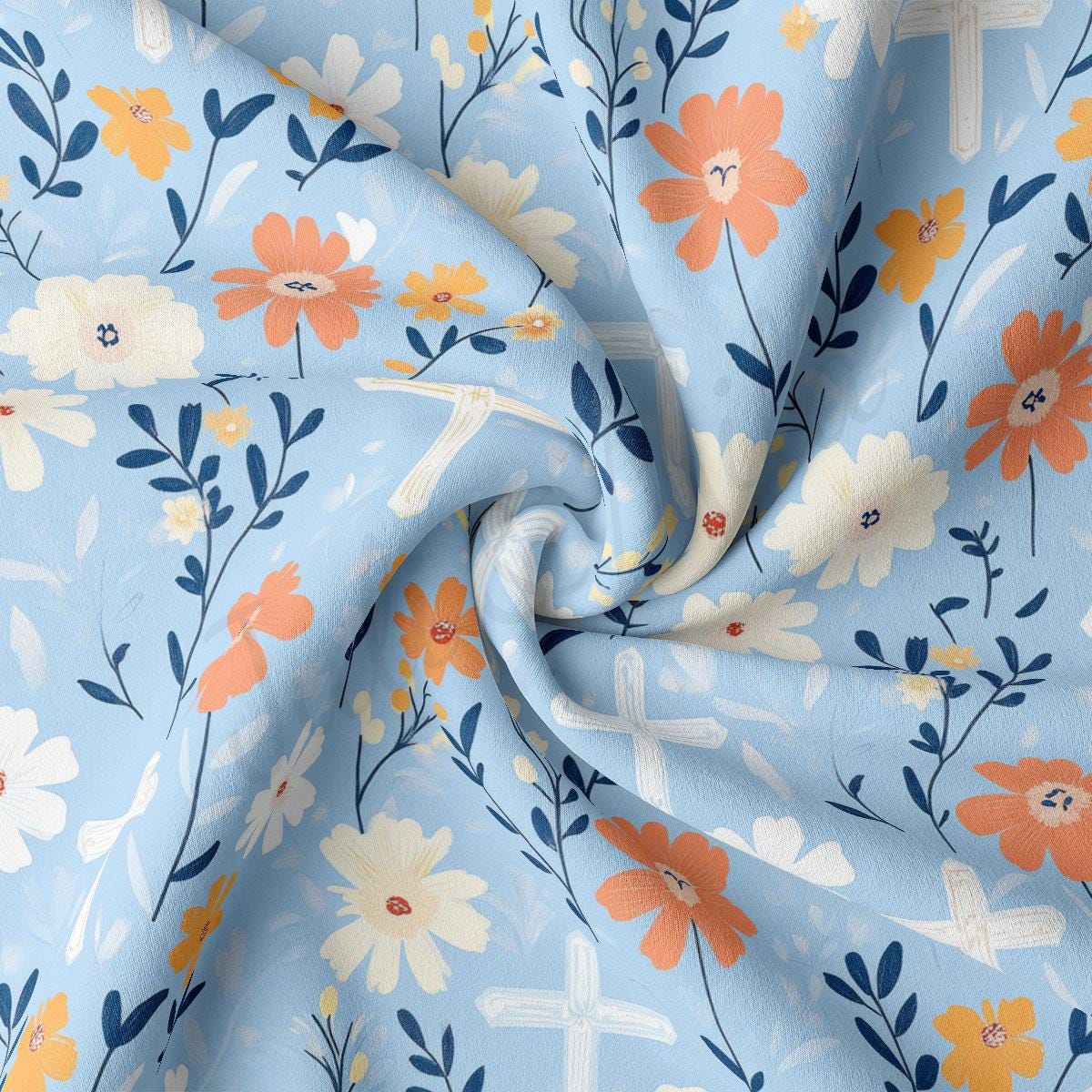 a blue and orange floral print fabric