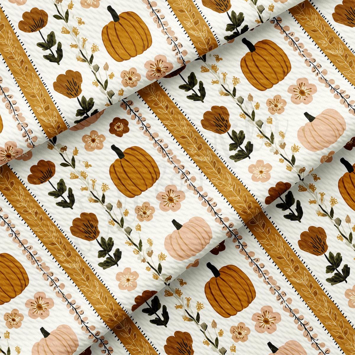 a repeating pattern of pumpkins, flowers, and leaves in shades of brown and orange against a white background.