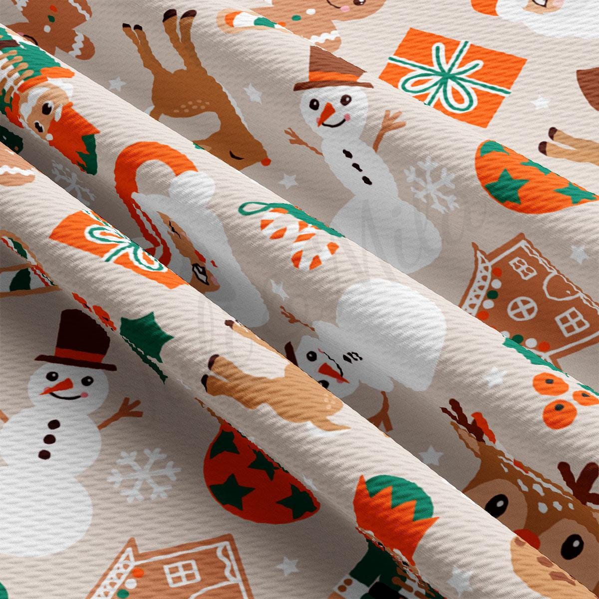 The image is a close-up of a fabric with a repeating pattern of Christmas-themed illustrations, including a snowman, reindeer, gingerbread house, and other festive elements.