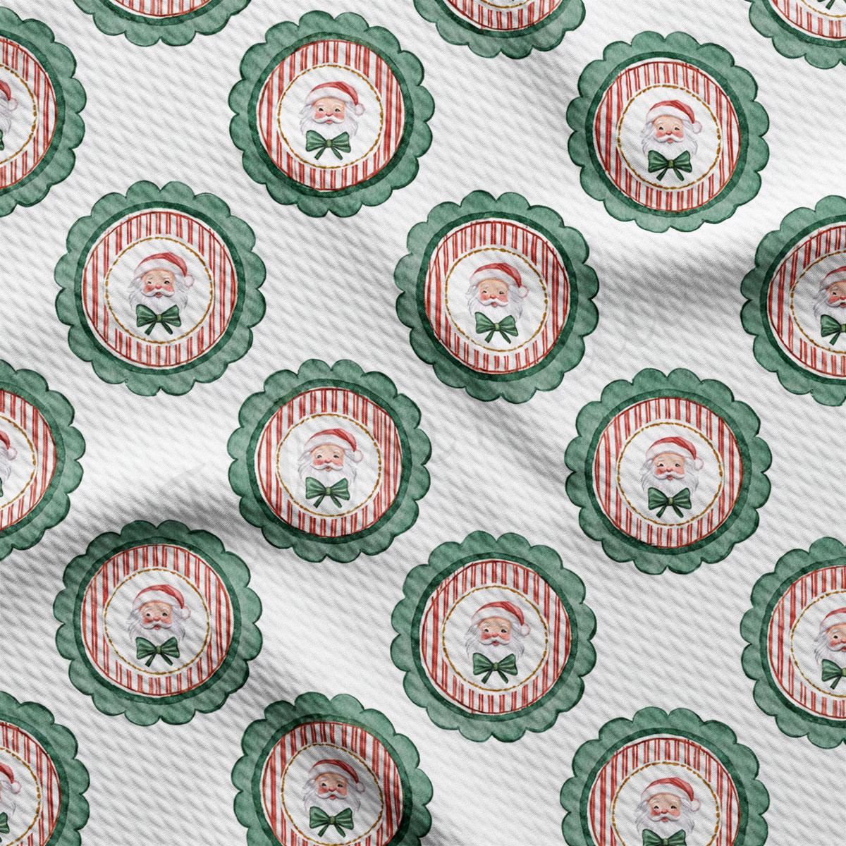 a repeating pattern of Santa Claus faces in a circular frame, all set against a white background with green scalloped edges.