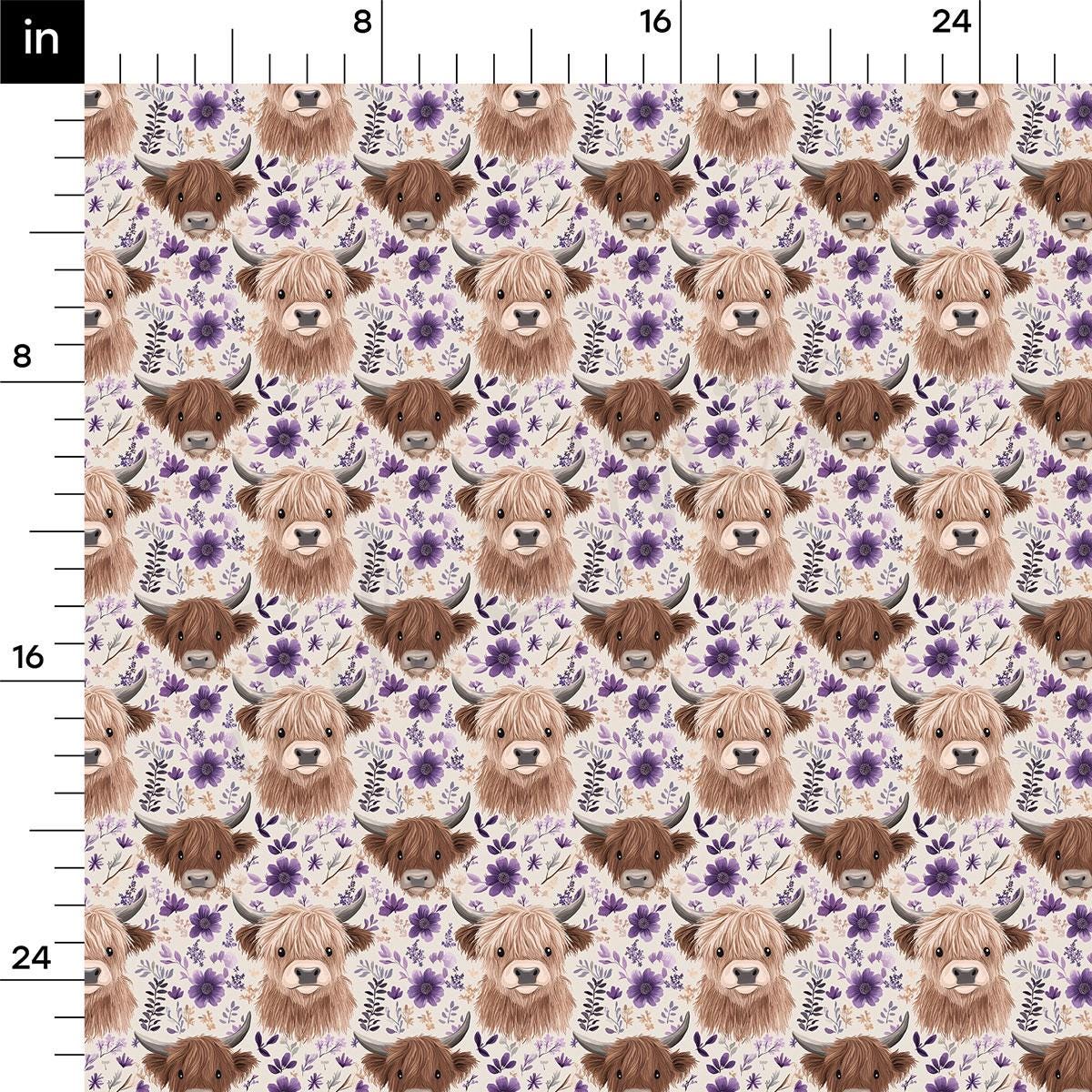 a repeating pattern of brown Highland cow heads against a purple floral background.