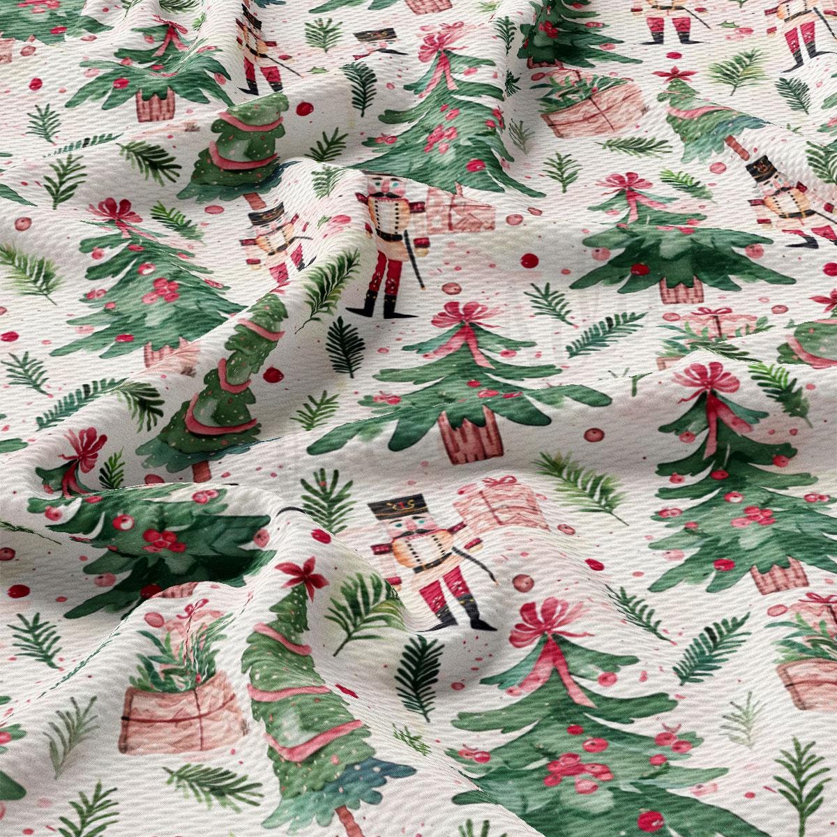 a close-up view of a fabric with a repeating pattern of Christmas trees, nutcrackers, and other festive elements. The pattern is predominantly green and red, with the trees and nutcrackers being the most prominent features. The fabric appears to be made of a soft, textured material, and the arrangement of the elements creates a visually appealing and festive design.