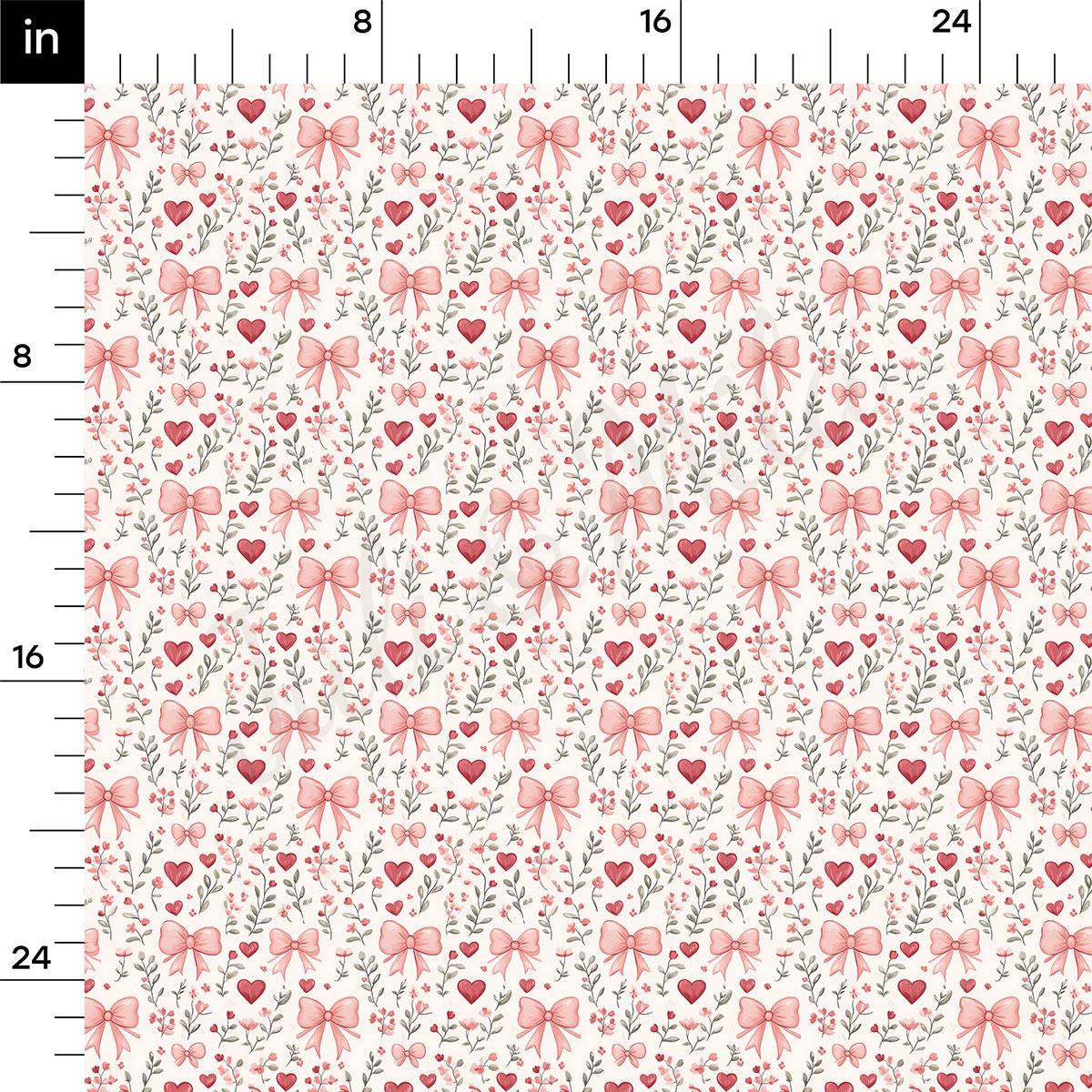 a repeating pattern of pink bows, hearts, and leaves on a light pink background.