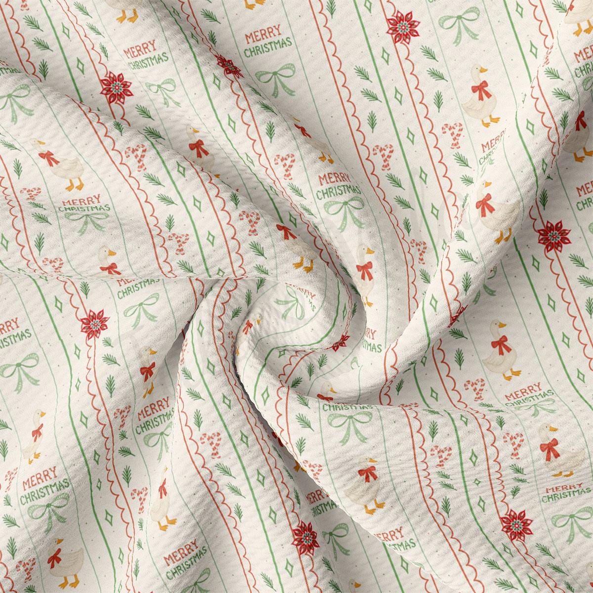The image is a close-up of a fabric with a repeating pattern of Christmas-themed designs, including red and green stripes, bows, flowers, and birds. The text "Merry Christmas" is visible on the fabric, indicating the festive nature of the design.