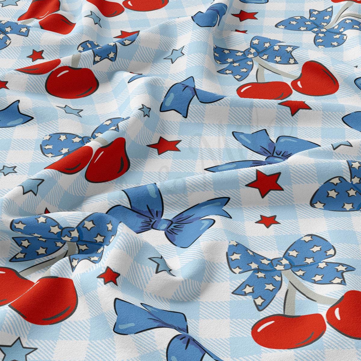 a blue and white checkered fabric with red, white, and blue bows