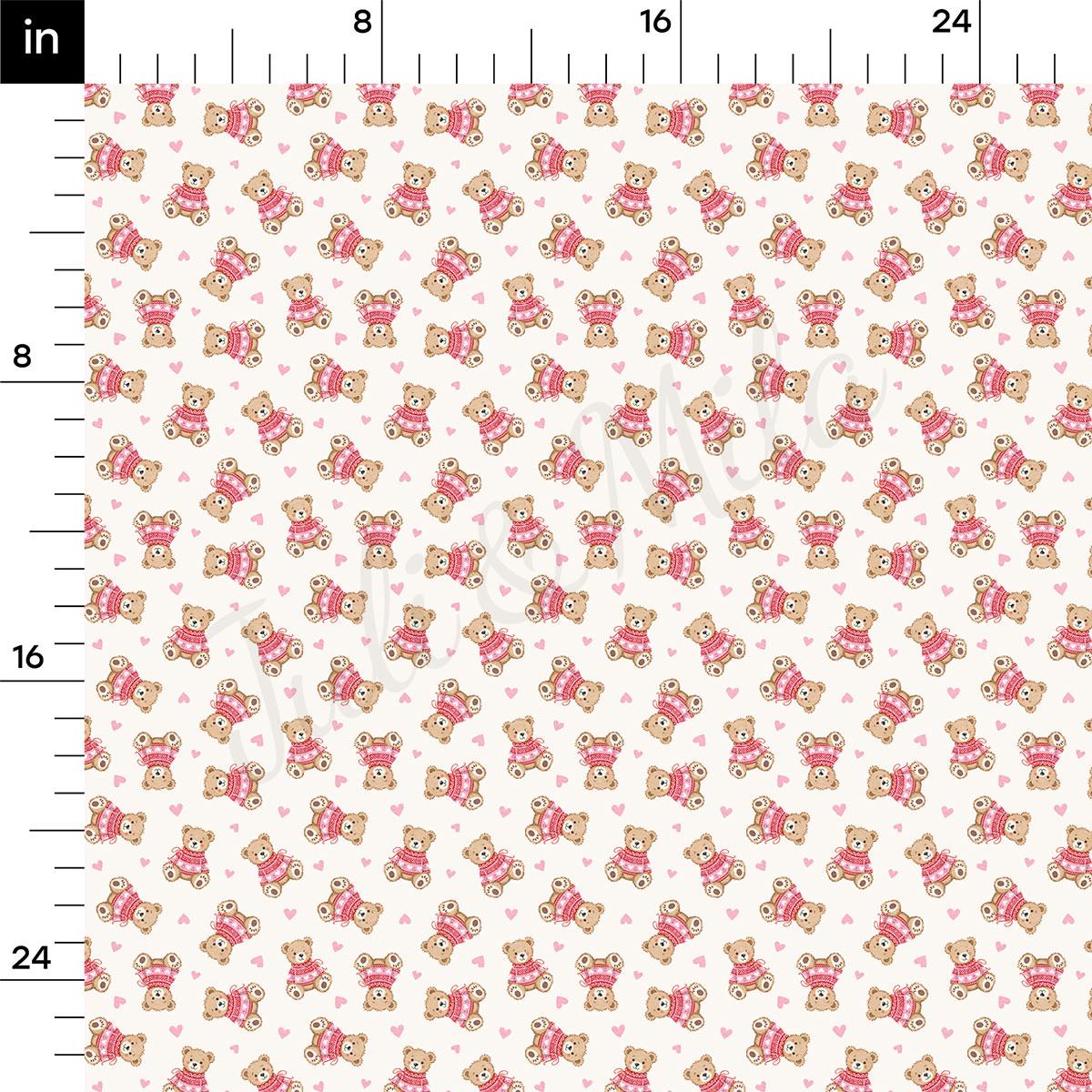 a repeating pattern of brown teddy bears wearing pink sweaters, with hearts scattered throughout the scene. The pattern is consistent and well-organized, creating a visually appealing and harmonious design.