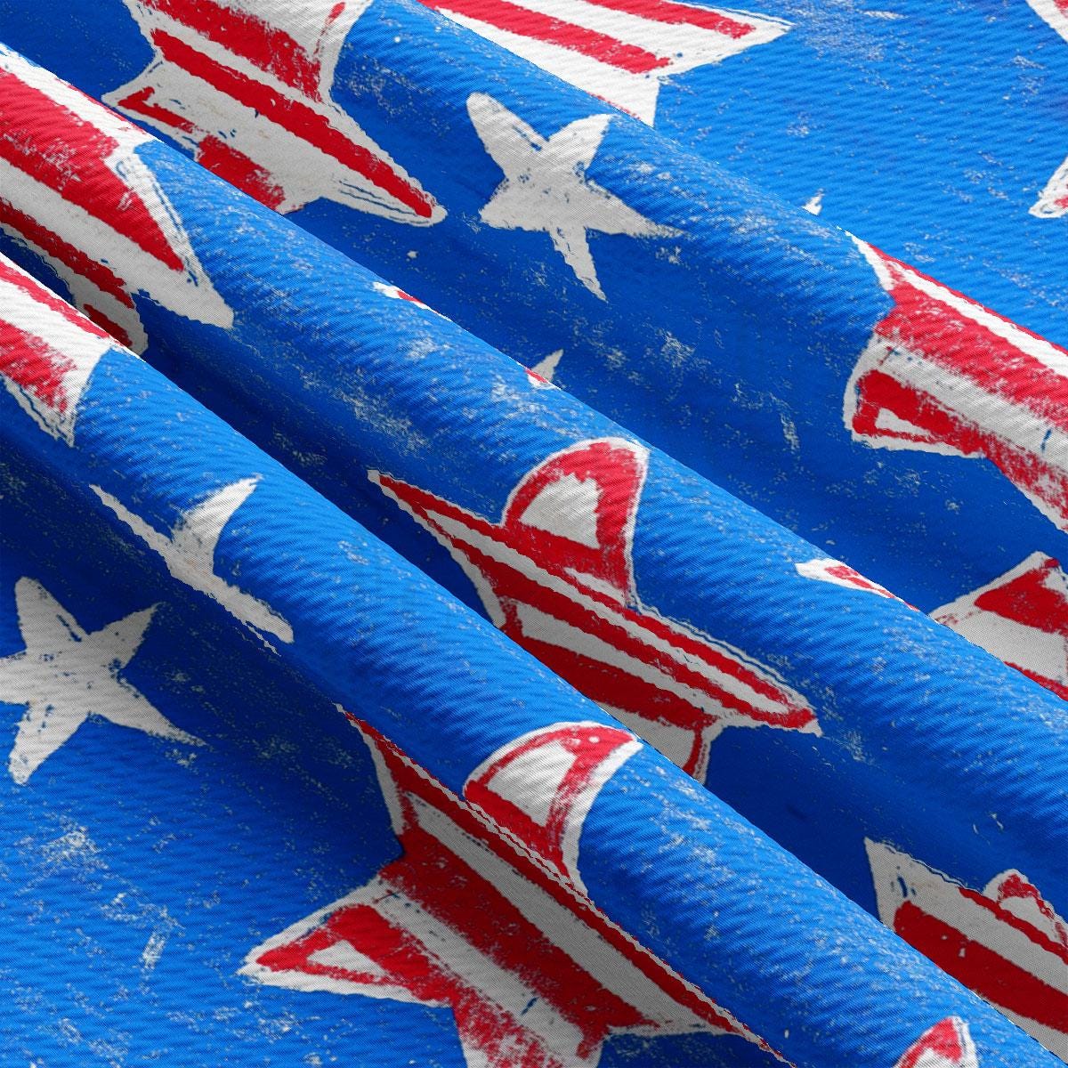 a blue background with red, white and blue stars