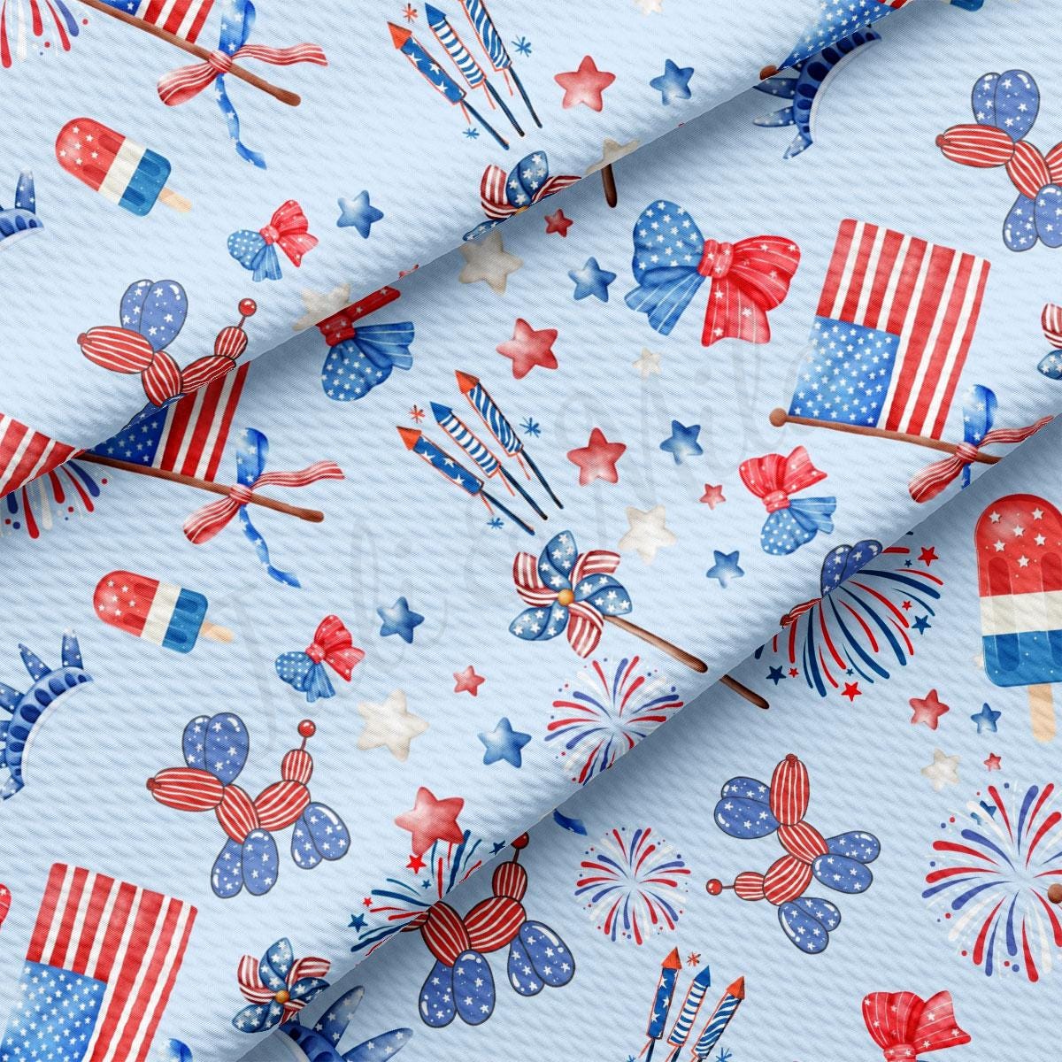 a blue background with red, white and blue fireworks