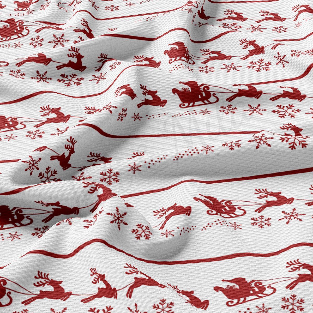 a close-up view of a fabric with a repeating pattern of red reindeer and snowflakes on a white background.