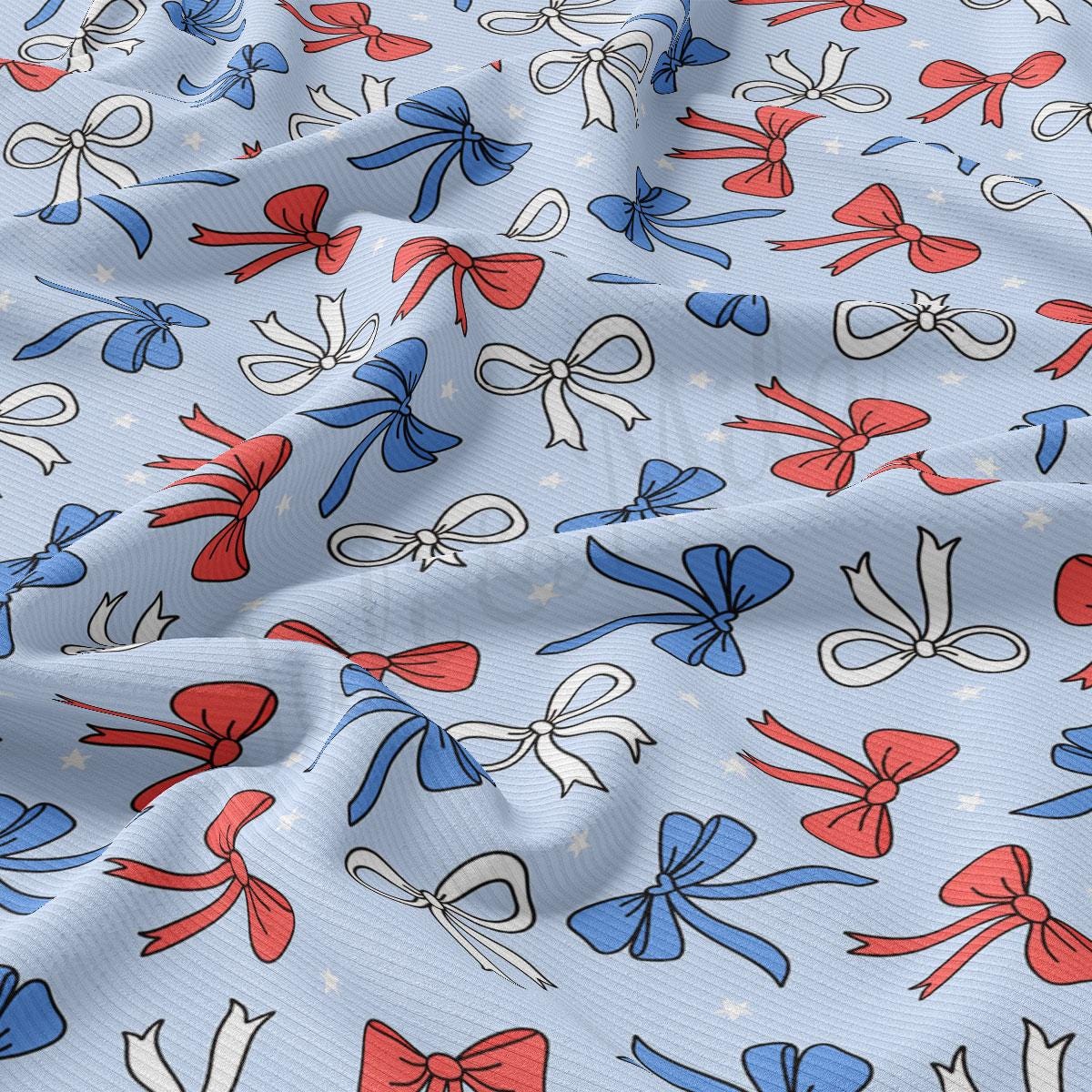 a blue background with red, white and blue bows