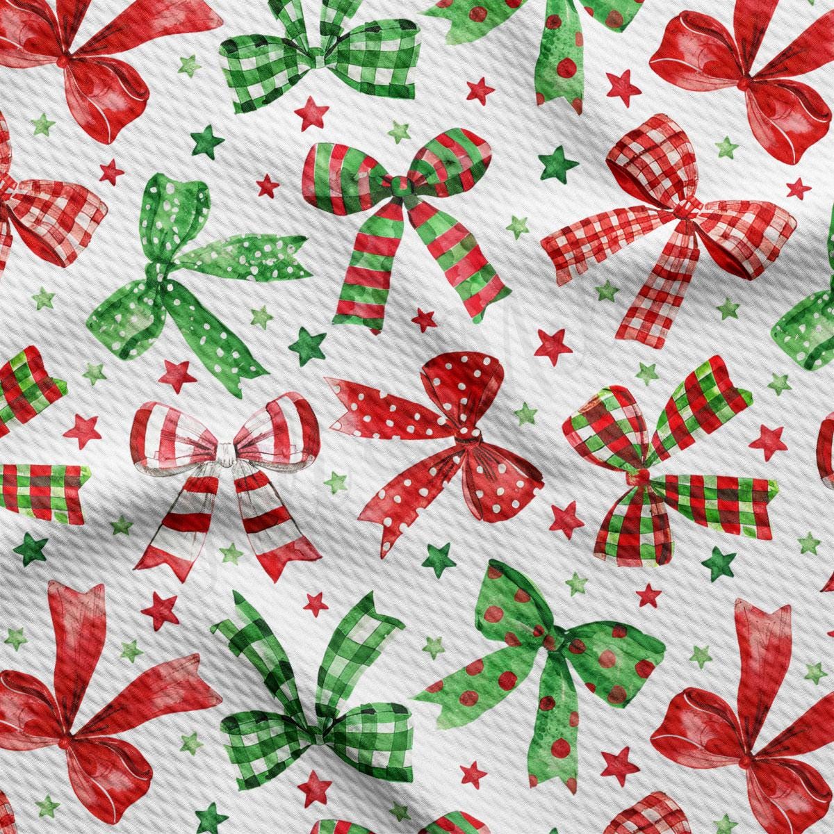 a pattern of red and green bows, along with stars and polka dots, creating a festive and holiday-themed design.