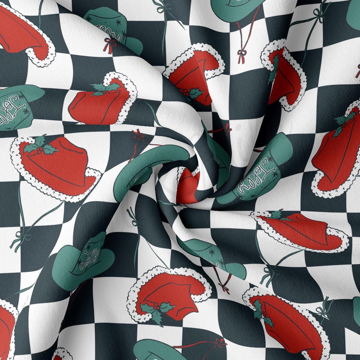 a black and white checkered fabric with red and green hats on it