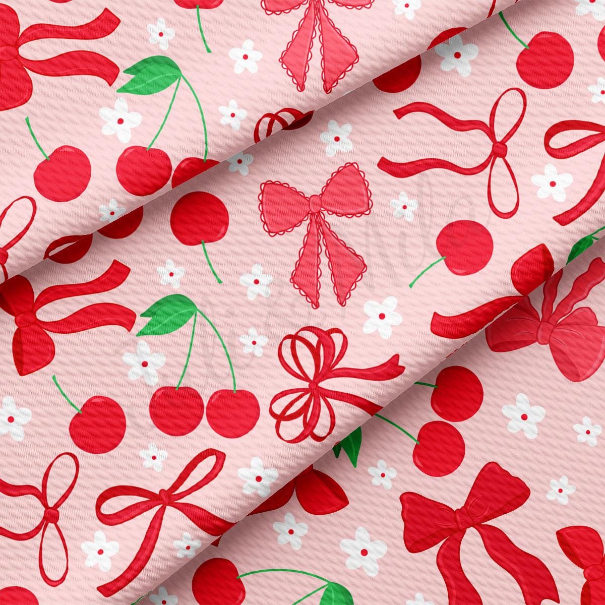 a pink background with cherries and bows