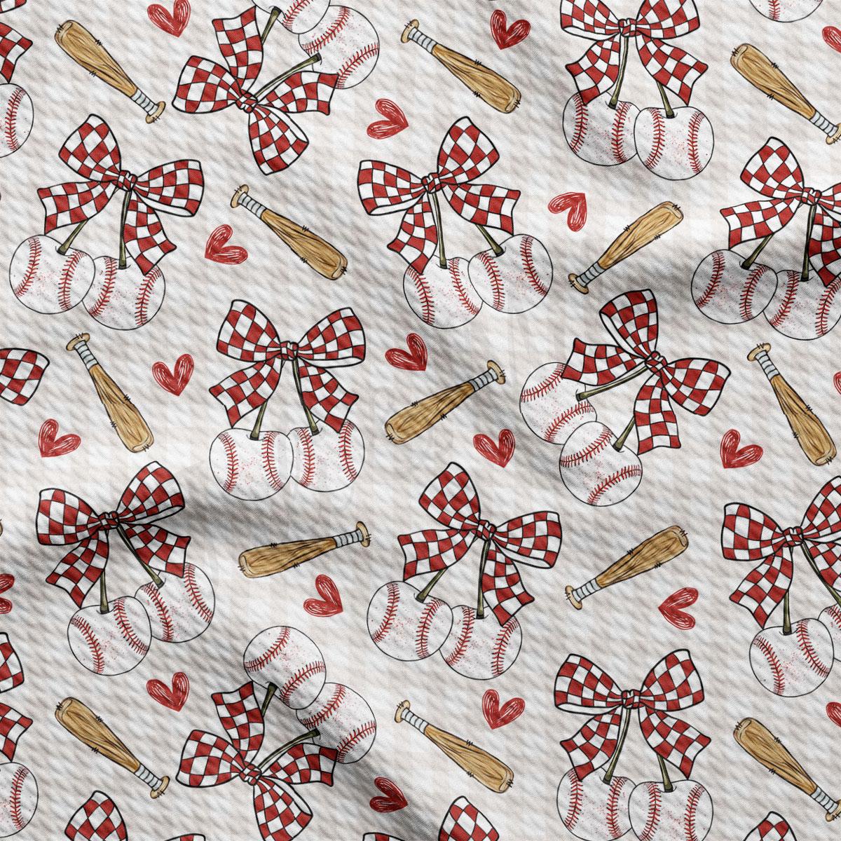 a repeating pattern of baseball-related objects, including baseballs, bats, and baseball gloves, all adorned with red and white checkered bows.