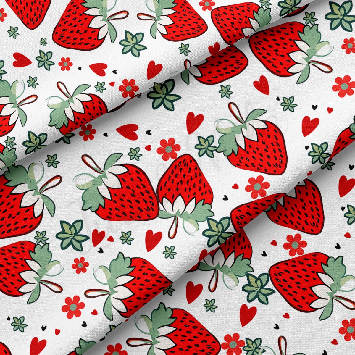 a repeating pattern of red strawberries with green leaves and flowers on a white background.