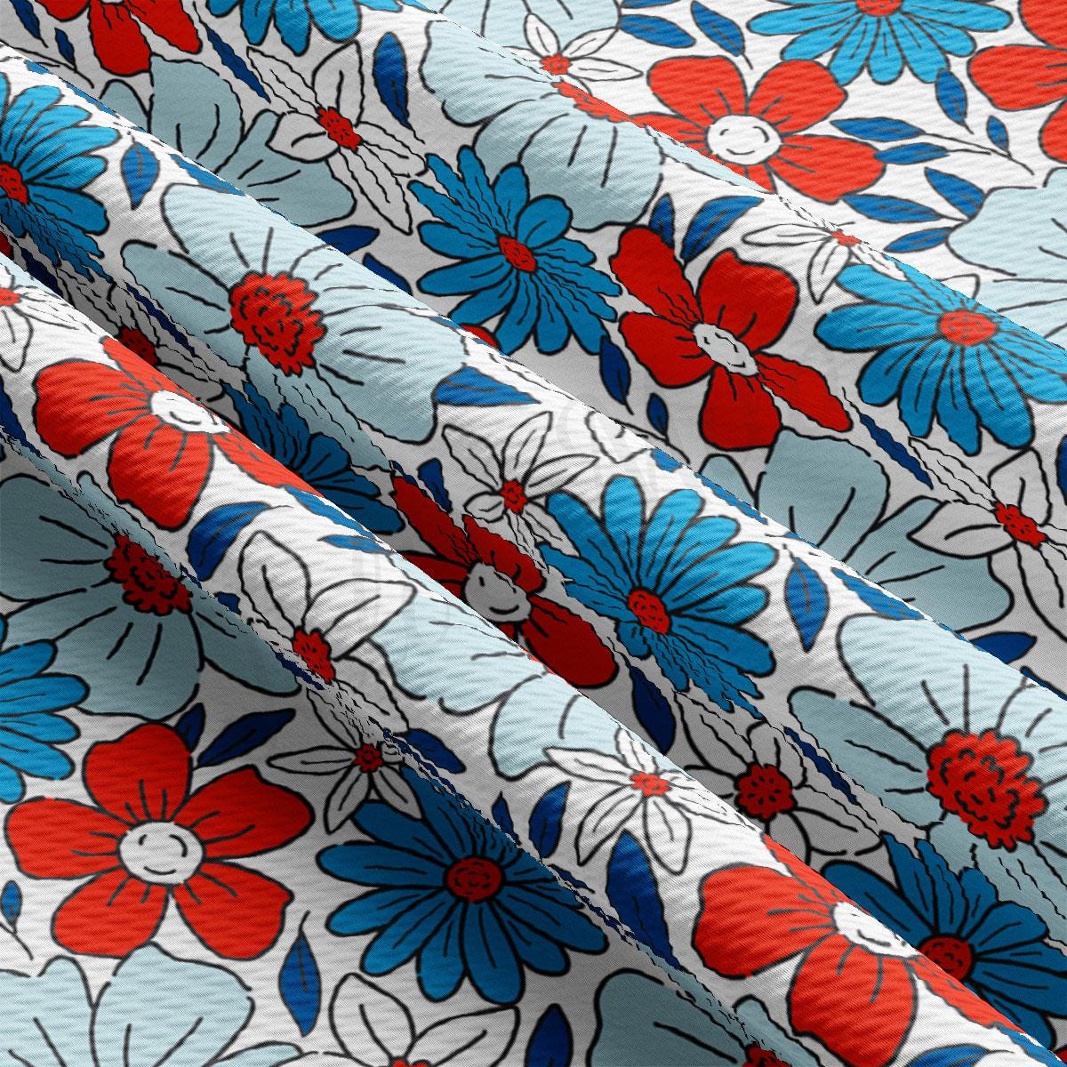 a red, white, and blue flower print fabric