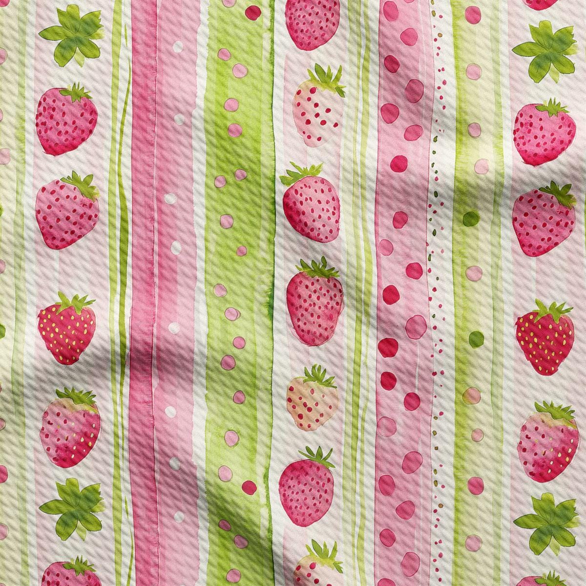 a pink and green striped fabric with strawberries on it
