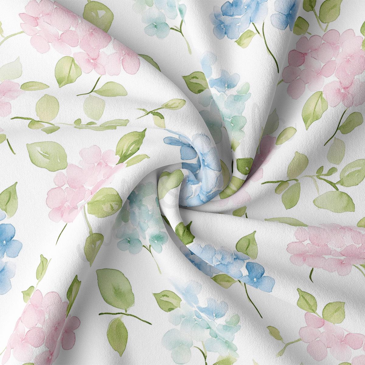 a close-up view of a fabric with a floral pattern. The fabric is white and has a repeating pattern of pink flowers and green leaves. The pattern is intricate and detailed, with the flowers and leaves appearing in various sizes and orientations. The fabric appears to be made of a soft, plush material, and the colors are vibrant and eye-catching.